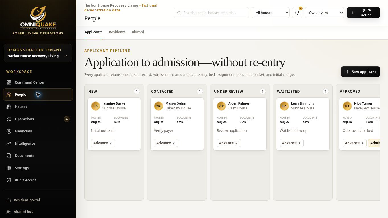 Application pipeline screen from the live OmniQuake Recovery Residence Platform