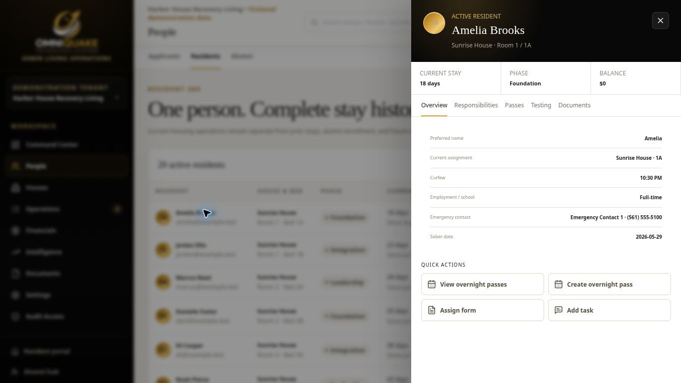 Complete resident record screen from the OmniQuake Recovery Residence Platform